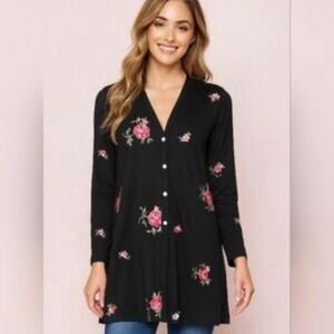 Anthropologie Fig & Flower Cardigan Sz M Black Embroidered Sweater Boho Floral
